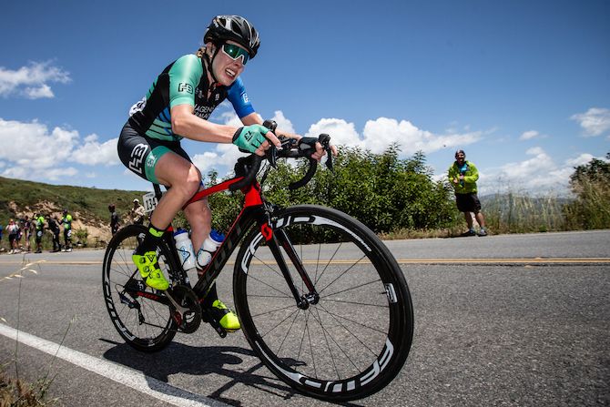 Lindsay Goldman (Hagens Berman) crests the high QOM climb off the front on stage 1 of the 2019 Tour of California Women's Race