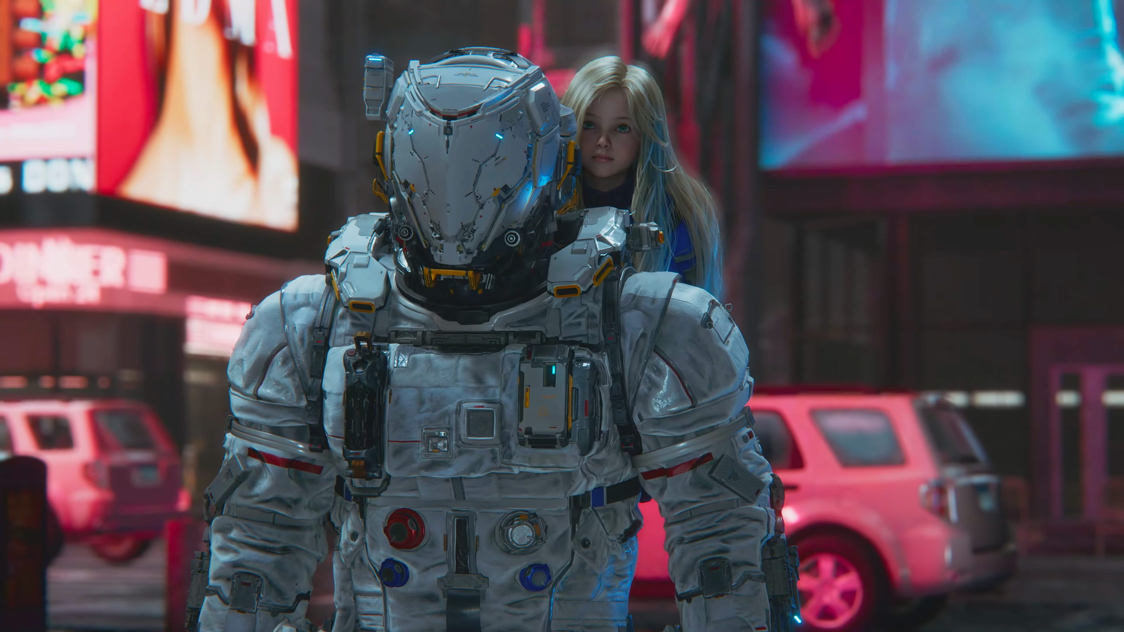 Pragmata - Hugh (the large mechanical man) and his little android companion, Diana, who is sitting on his back