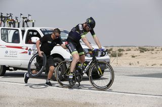 Dan McLay suffers a mechanical on stage four of the 2016 Tour of Qatar