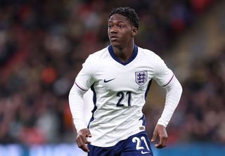 Kobbie Mainoo of England during the international friendly match between England and Brazil at Wembley Stadium on March 23, 2024 in London, England. (Photo by Alex Livesey - Danehouse/Getty Images) Euro 2024