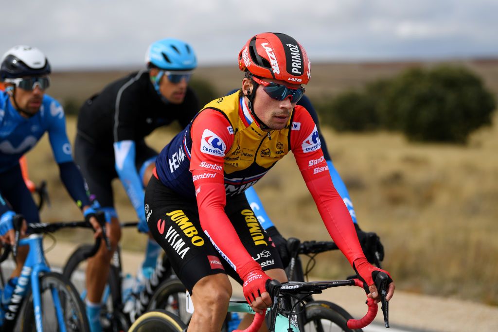 EJEADELOSCABALLEROS SPAIN OCTOBER 23 Primoz Roglic of Slovenia and Team Jumbo Visma Red Leader Jersey during the 75th Tour of Spain 2020 Stage 4 a 1917km stage from Garray Numancia to Ejea de los Caballeros lavuelta LaVuelta20 La Vuelta on October 23 2020 in Ejea de los Caballeros Spain Photo by David RamosGetty Images