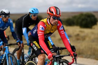 EJEADELOSCABALLEROS SPAIN OCTOBER 23 Primoz Roglic of Slovenia and Team Jumbo Visma Red Leader Jersey during the 75th Tour of Spain 2020 Stage 4 a 1917km stage from Garray Numancia to Ejea de los Caballeros lavuelta LaVuelta20 La Vuelta on October 23 2020 in Ejea de los Caballeros Spain Photo by David RamosGetty Images