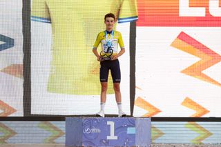 SAN JUAN ARGENTINA JANUARY 28 Matthew Riccitello of The United States and Team Israel Premier Tech celebrates at podium as Yellow Best Young Jersey during the 39th Vuelta a San Juan International 2023 Stage 6 a 1449km stage from Veldromo Vicente Chancay to Veldromo Vicente Chancay VueltaSJ2023 on January 28 2023 in San Juan Argentina Photo by Maximiliano BlancoGetty Images