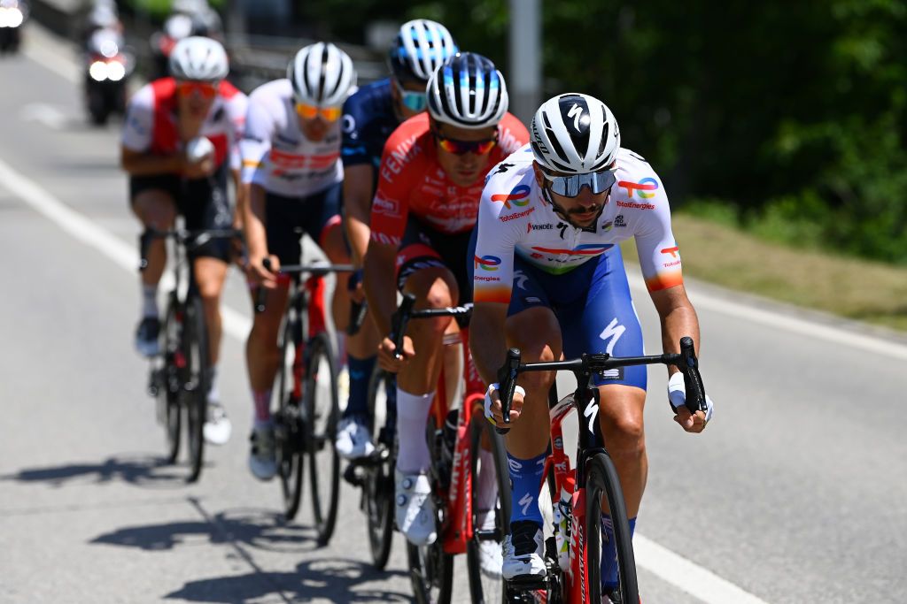 NOVAZZANO SWITZERLAND JUNE 16 Anthony Turgis of France and Team Total Energies competes in the breakaway during the 85th Tour de Suisse 2022 Stage 5 a 1901km stage from Ambri to Novazzano 364m ourdesuisse2022 WorldTour on June 16 2022 in Novazzano Switzerland Photo by Tim de WaeleGetty Images
