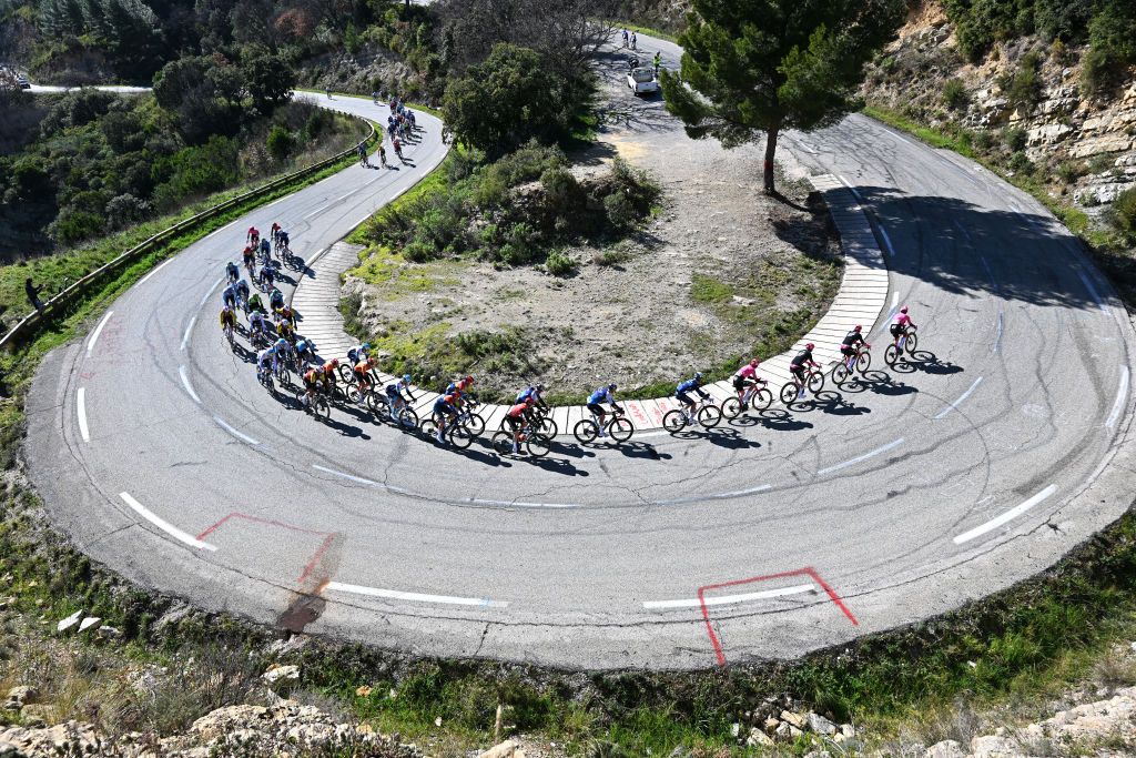 SAINTVICTORET FRANCE FEBRUARY 14 A general view of the peloton competing during the 9th Tour de la Provence 2025 Stage 1a 1693km stage from Marseille to SaintVictoret on February 14 2025 in SaintVictoret France Photo by Billy CeustersGetty Images