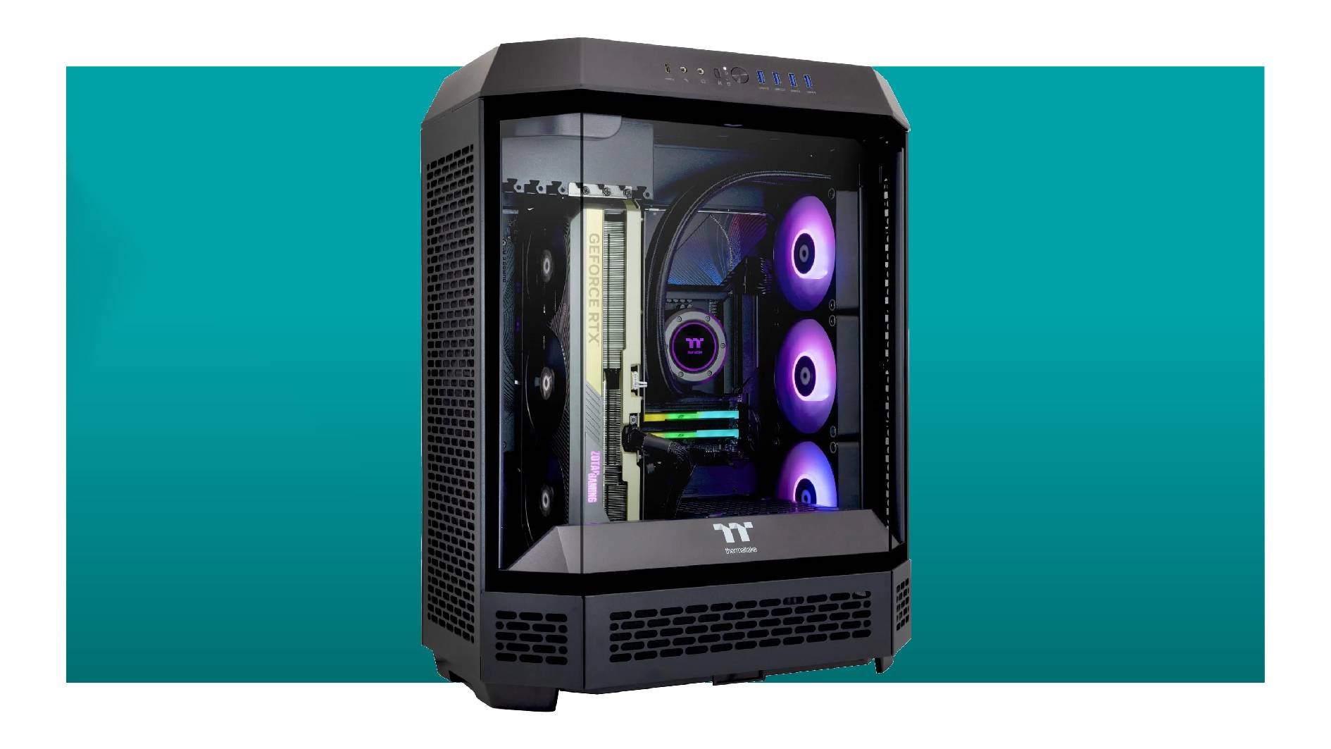 Zotac Mek gaming PC with an RTX 5080 inside on a blue background