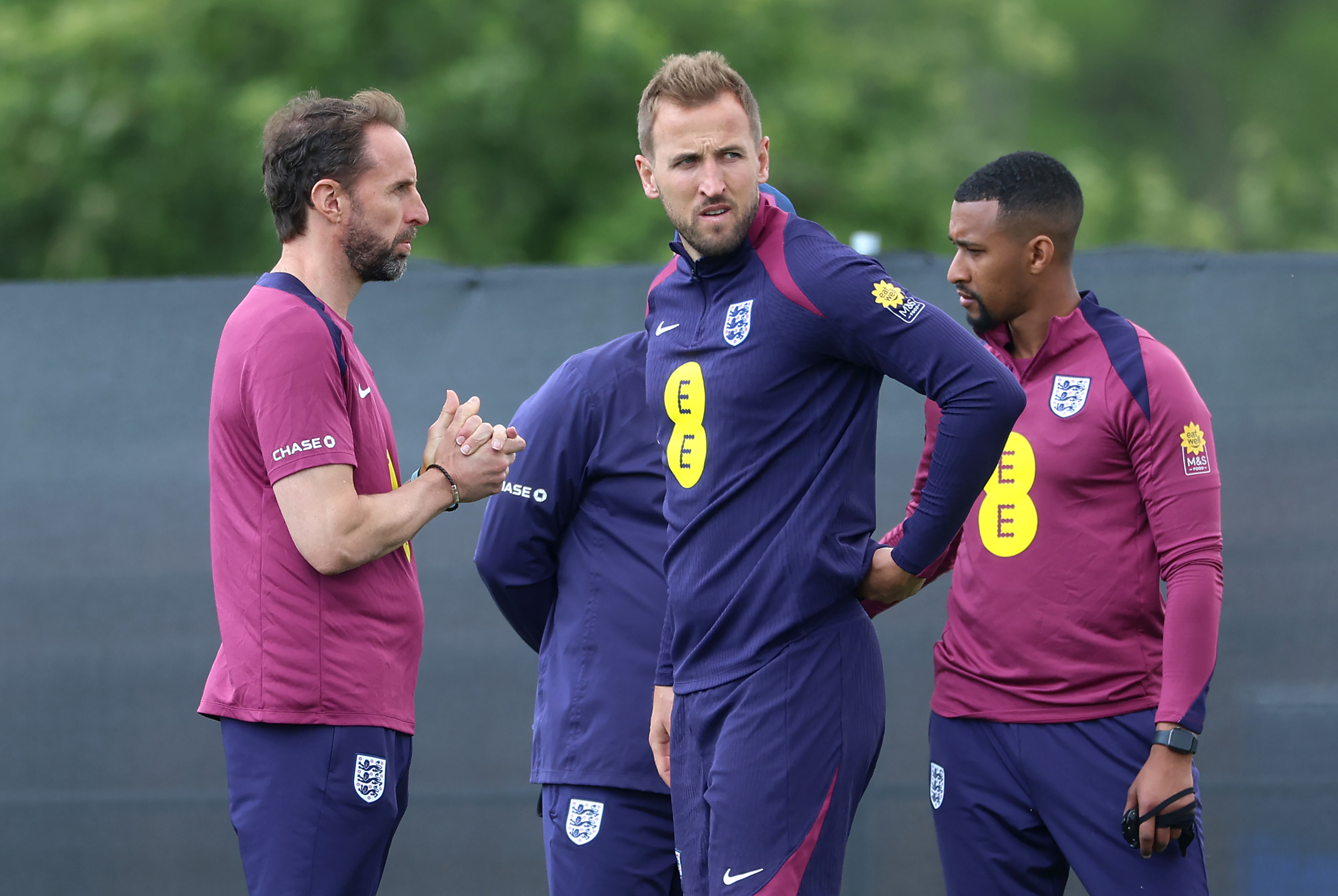 England manager Gareth Southgate chats to captain Harry Kane in training ahead of Euro 2024.