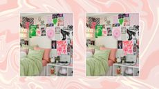 Two pictures of a dorm room with a photo wall on a pink swirly background