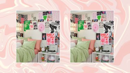 Two pictures of a dorm room with a photo wall on a pink swirly background