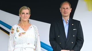 Sophie, Countess of Wessex and Prince Edward, Earl of Wessex on stage at the Camille Henry Memorial school on April 28, 2022 in Castries, St Lucia