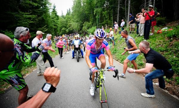 Michele Scarponi drives the chasing group behind Euskaltel's Igor Anton on the Zoncolan. Scarponi proved to be the only rider capable of keeping Contador within arm's reach this year. He'll go into the 2012 Corsa Rosa as a major favorite.