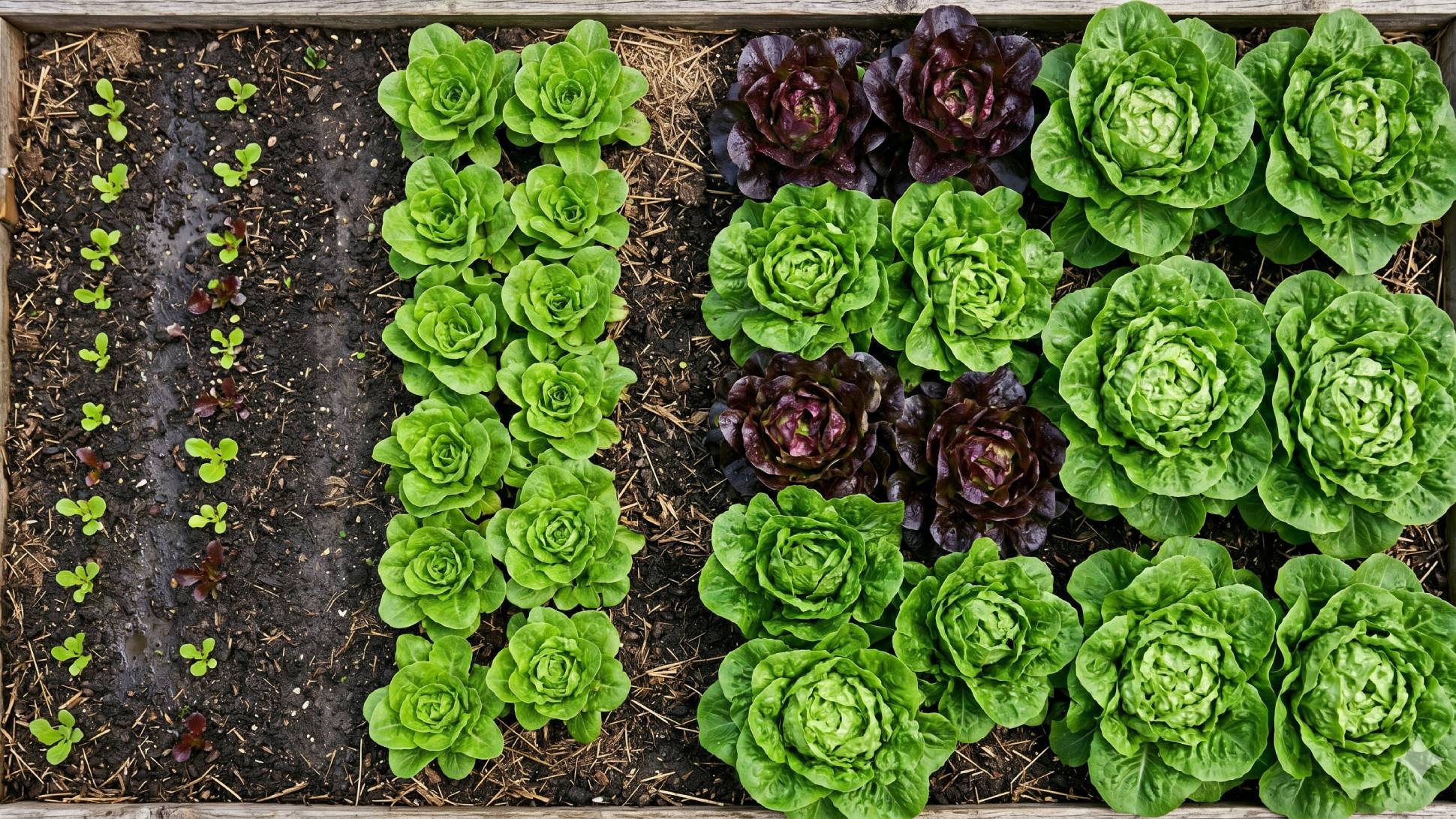 Rows of lettuce in different stages of growth. succession planting