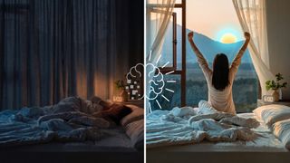 This split screen image shows a woman in a dark bedroom on the left hand side, with her hands over her face struggling to wake up because she feels so groggy at 6am. On the right hand side a woman is sitting on the edge of her bed at 6am with her arms outstretched, looking out her window at a bright sun with a halo of blue light around it.