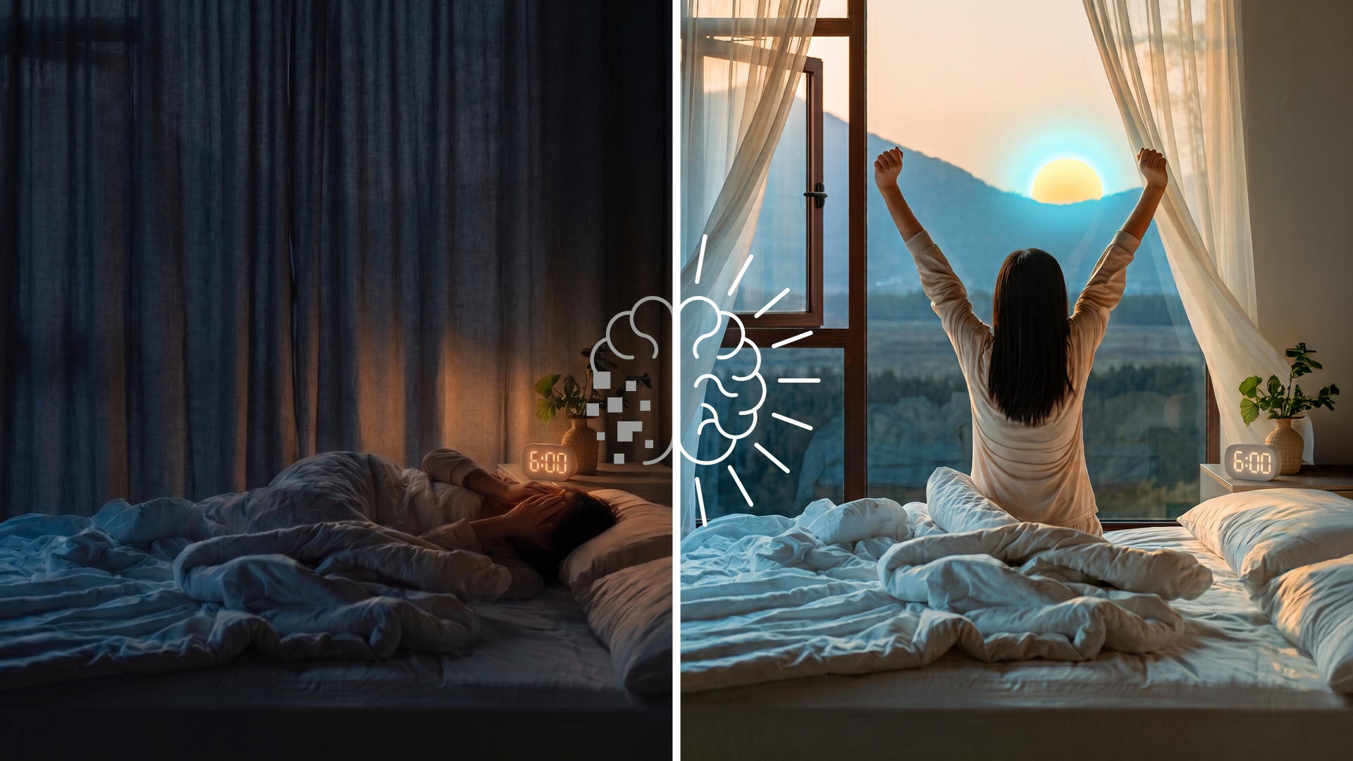 This split screen image shows a woman in a dark bedroom on the left hand side, with her hands over her face struggling to wake up because she feels so groggy at 6am. On the right hand side a woman is sitting on the edge of her bed at 6am with her arms outstretched, looking out her window at a bright sun with a halo of blue light around it.