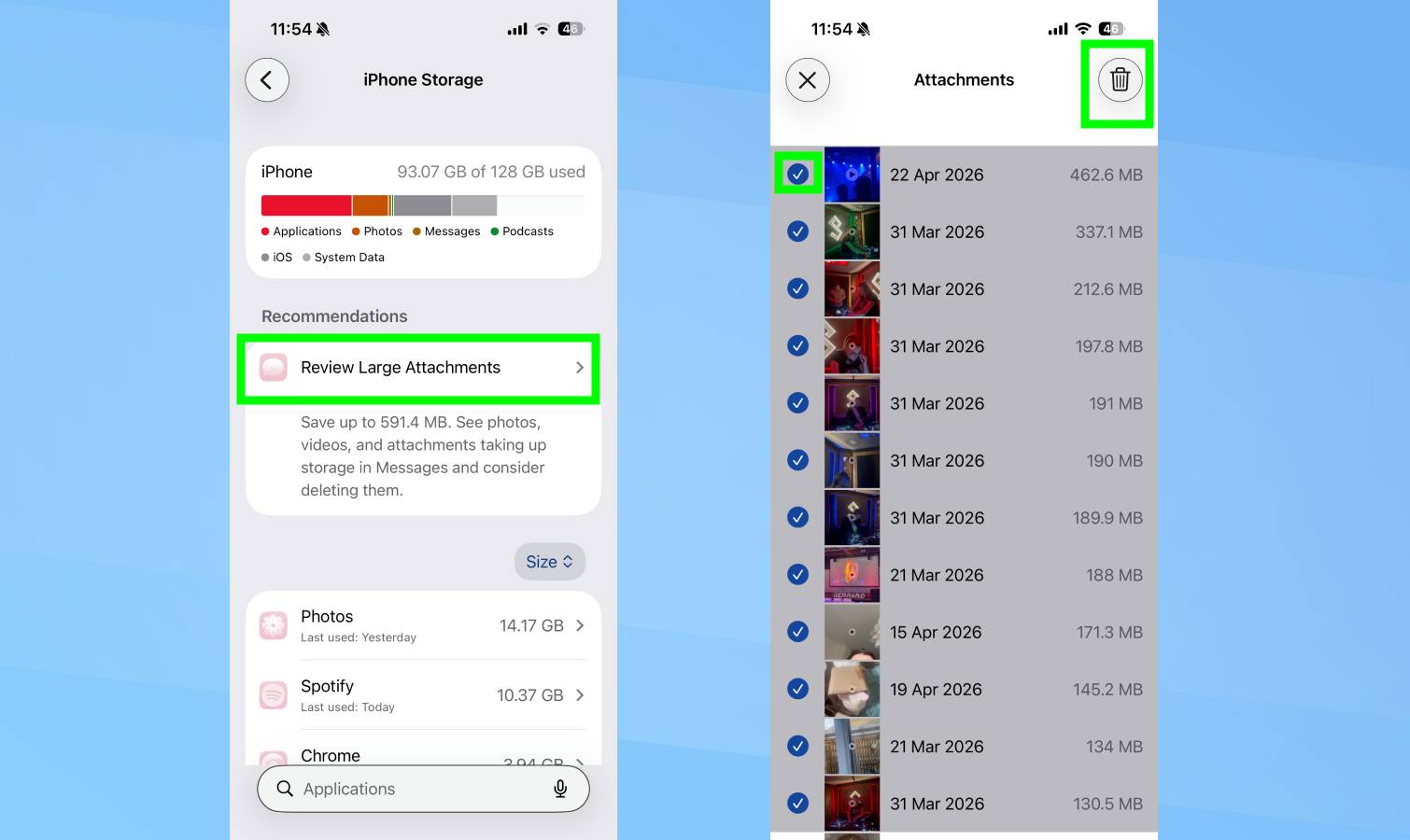 Reviewing and deleting attachments in iPhone storage