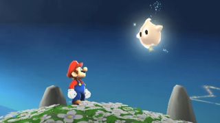 Screenshot of Mario and Luma in Super Mario Galaxy
