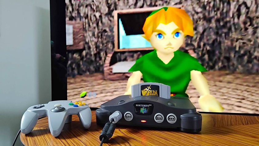 Nintendo 64 on table in front of LG OLED C4 TV with Link from Zelda: Ocarina of Time on screen.