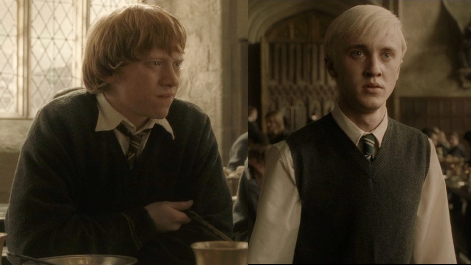 From left to right: Ron looking confused and Malfoy looking alarmed in Harry Potter and the Half Blood Prince