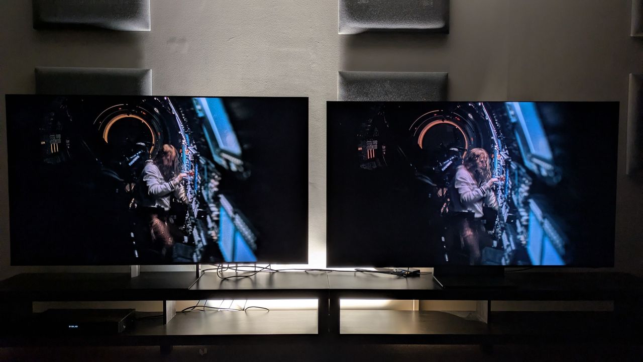 Sony Bravia 9 II vs Samsung R95H showing Ryland Grace in the Project Hail Mary ship. Both TVs have strong contrast and deep black tones