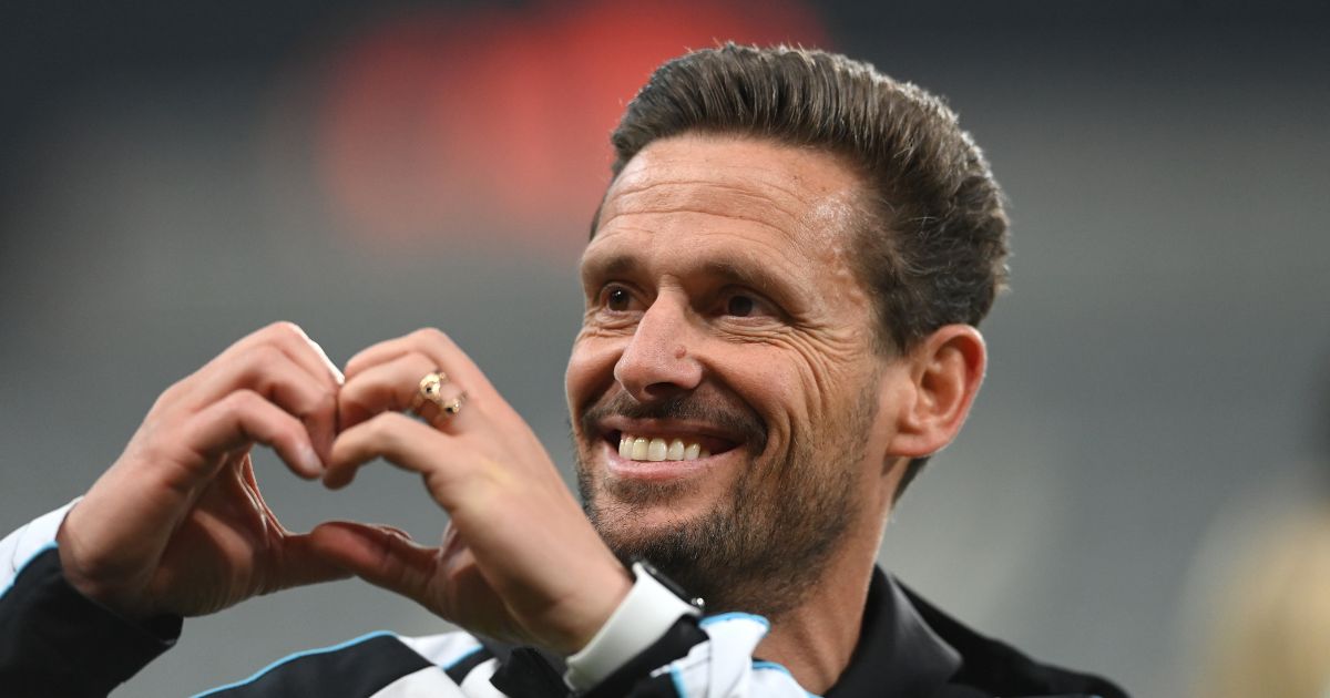 NEWCASTLE UPON TYNE, ENGLAND - MAY 22: Newcastle coach Jason Tindall smiles and makes a heart shape with his hands after the Premier League match between Newcastle United and Leicester City at St. James Park on May 22, 2023 in Newcastle upon Tyne, England. (Photo by Stu Forster/Getty Images)
