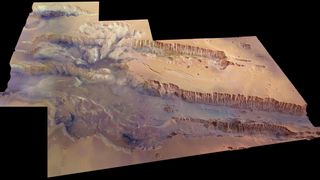 Valles Marineris, the largest known canyon in the solar system. Candor Chasma is the connecting trough immediately to the north.