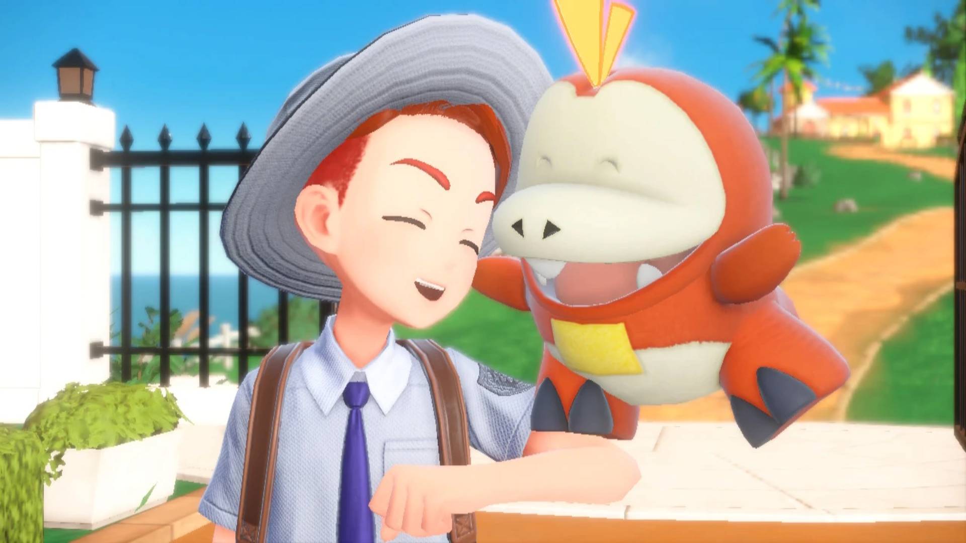 Paras Pokémon-peli: mies ja Fuecoco naureskelevat yhdessä kesäisenä päivänä