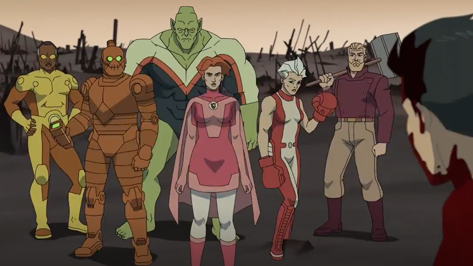 Una versión anterior de los Guardianes del Globo se encuentra frente al actual Mark en el episodio 8 de la temporada 2 de Invincible.