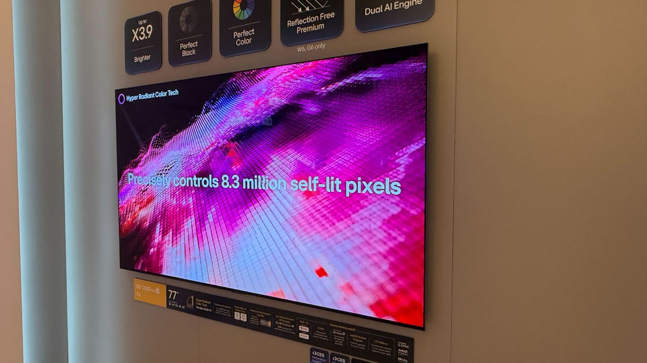 A wall mounted LG C6 OLED TV at LG's CES 2026 booth