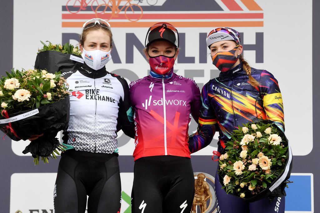 NOKERE BELGIUM MARCH 17 Podium Grace Brown of Australia and Team BikeExchange Amy Pieters of Netherlands and Team SD Worx Lisa Klein of Germany and Team Canyon SRAM Racing Celebration during the 3rd Nokere Koerse Danilith Classic 2021 Womens Elite a 124km race from Deinze to Nokere NokereKoerse on March 17 2021 in Nokere Belgium Photo by Mark Van HeckeGetty Images