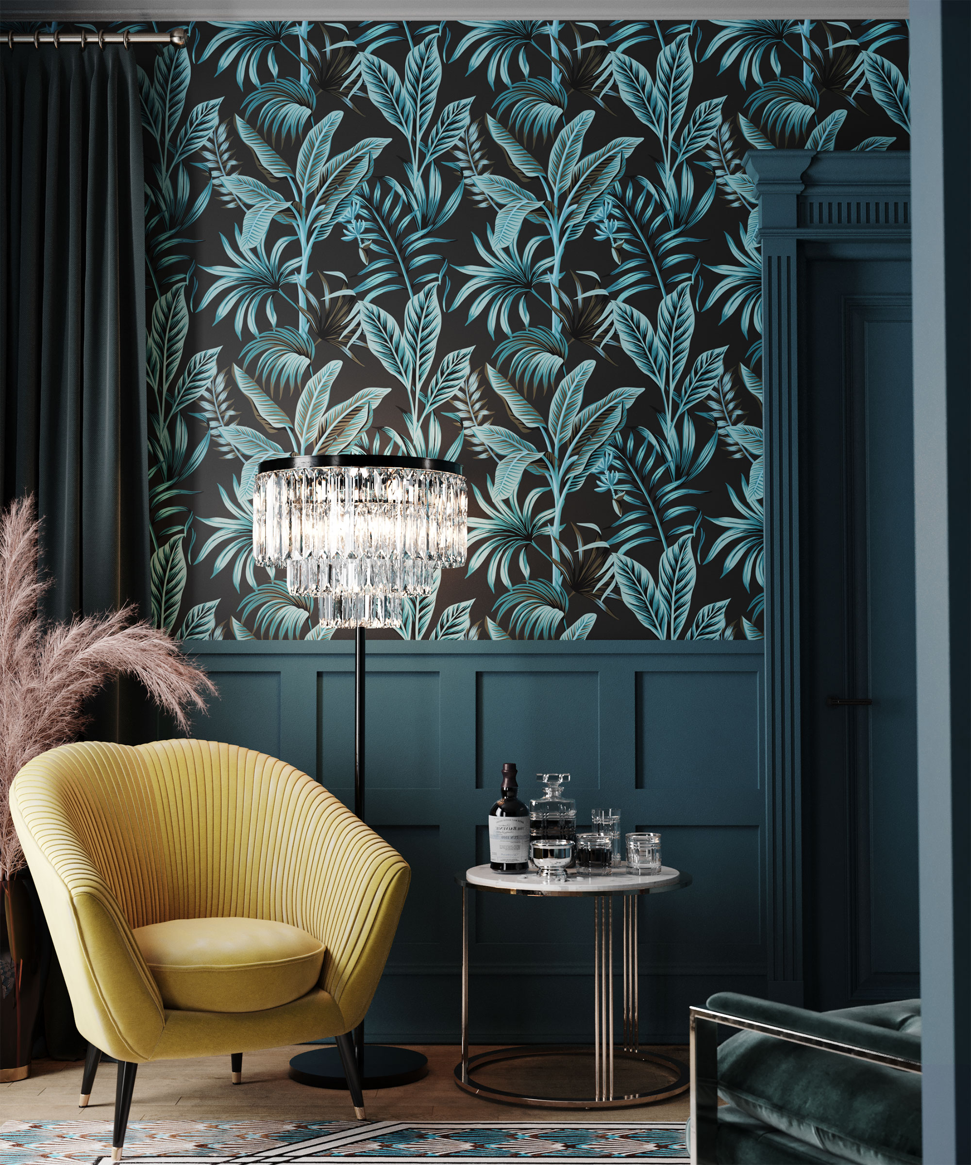 corner of teal living room with black and teal botanical wallpaper and mustard armchair