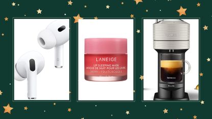 A collage with pair of AirPod Pros on the fair left, a pink Laneige Sleeping Mask in the middle and gray Nespresso Vertuo Next machine on the far right. For Amazon Christmas gift ideas.