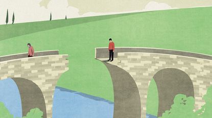 An illustration depicting a couple separated by a broken bridge with a stream and greenery below the bridge