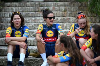 CHIANCIANO TERME SIENA ITALY JUNE 29 LR Lauretta Hanson of Australia Elizabeth Deignan of The United Kingdom and Elynor Backstedt of The United Kingdom and Team Lidl Trek during the team presentation of the 34th Giro dItalia Donne 2023 UCIWWT on June 29 2023 in Chianciano Terme Italy Photo by Dario BelingheriGetty Images