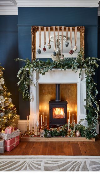 Fireplace mantel piece Christmas garland decorations living room fireplace