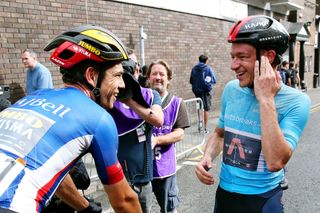 WARRINGTON ENGLAND SEPTEMBER 09 LR Wout Van Aert of Belgium and Team Jumbo Visma blue leader jersey congratulates Ethan Hayter of United Kingdom and Team INEOS Grenadiers turquoise points jersey for his victory after the 17th Tour of Britain 2021 Stage 5 a 1522km stage from Alderley Park to Warrington TourofBritain TourofBritain on September 09 2021 in Warrington England Photo by Alex LiveseyGetty Images