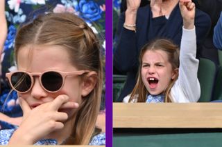 Princess Charlotte watching tennis at Wimbledon, split screen showing her crossing ger fingers and another of her celebrating with punching her arm in the air