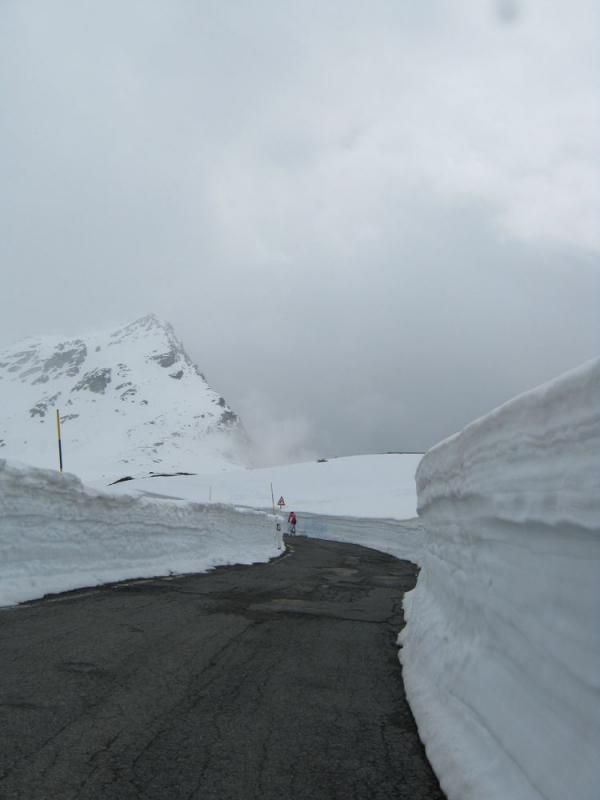 The road to the summit of the Gavia was cut through the snow