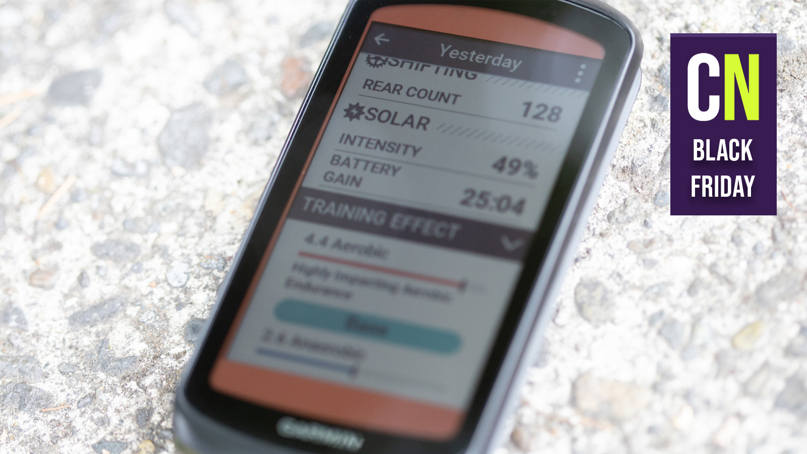 A Garmin Edge 1040 on a stoney background with a Cyclingnews black friday graphic