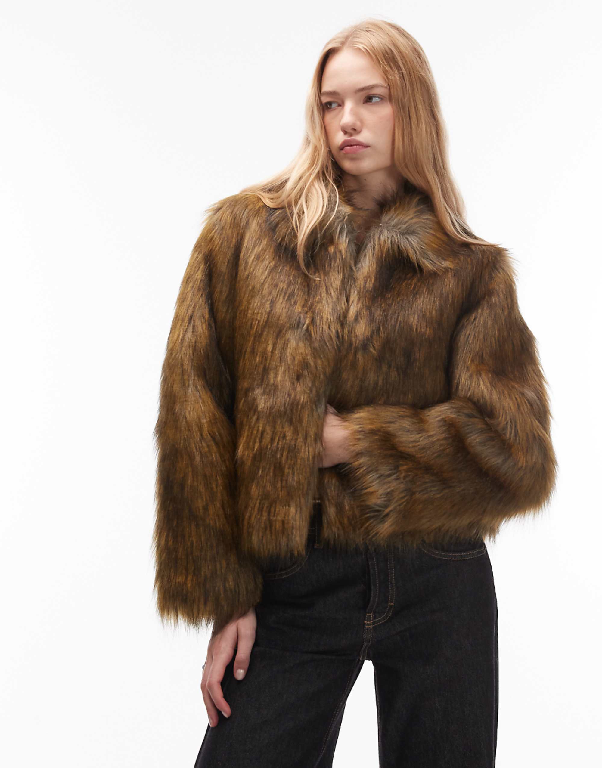 Collusion Tipped Faux Fur Short Jacket in Brown