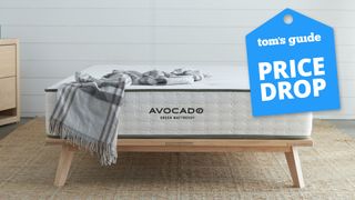 The Avocado Green Mattress on a simple wooden bed frame in a bedroom, a Tom's Guide price drop deals graphic (right)