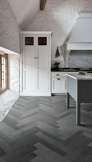 marble stone floor in grey kitchen