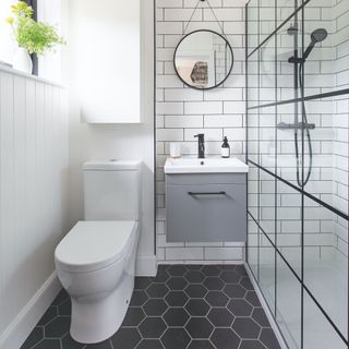 monochrome shower room with hex floor tiles and grey vanity