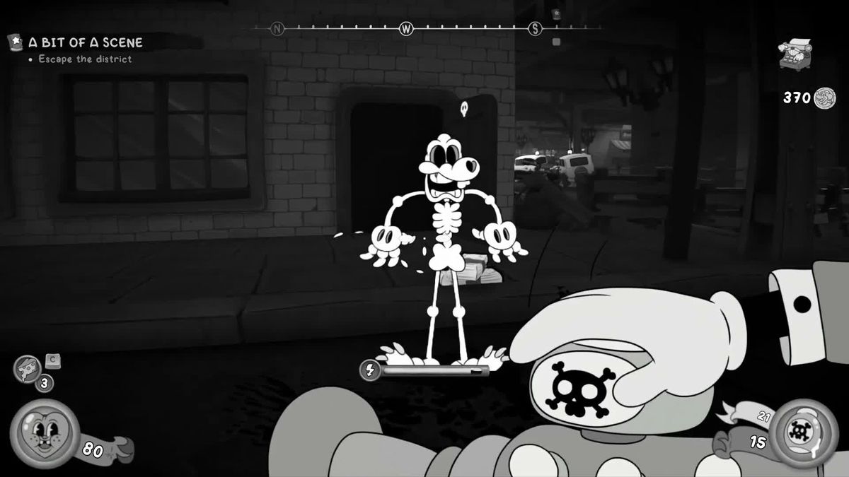 Mouse: P.I. For Hire gameplay screenshot of a mouse getting shot by the Devarnisher weapon, while the main character is reloading.
