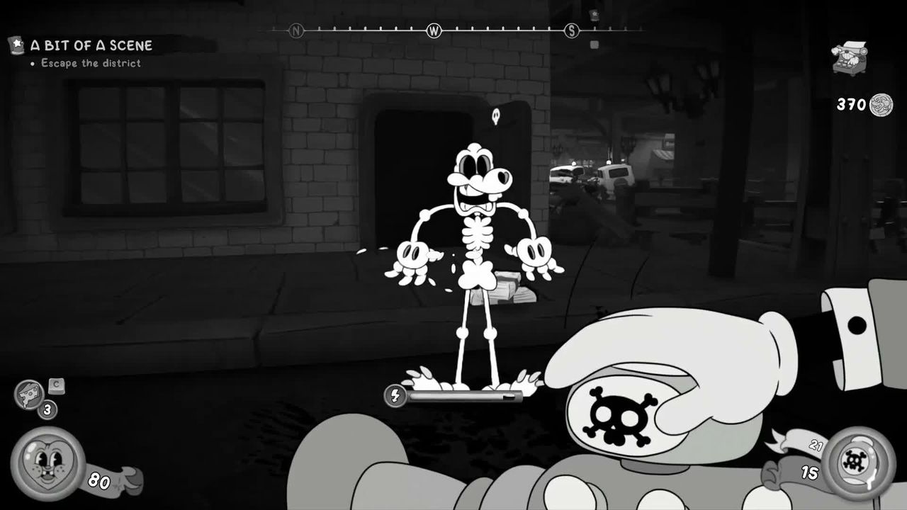 Mouse: P.I. For Hire gameplay screenshot of a mouse getting shot by the Devarnisher weapon, while the main character is reloading.