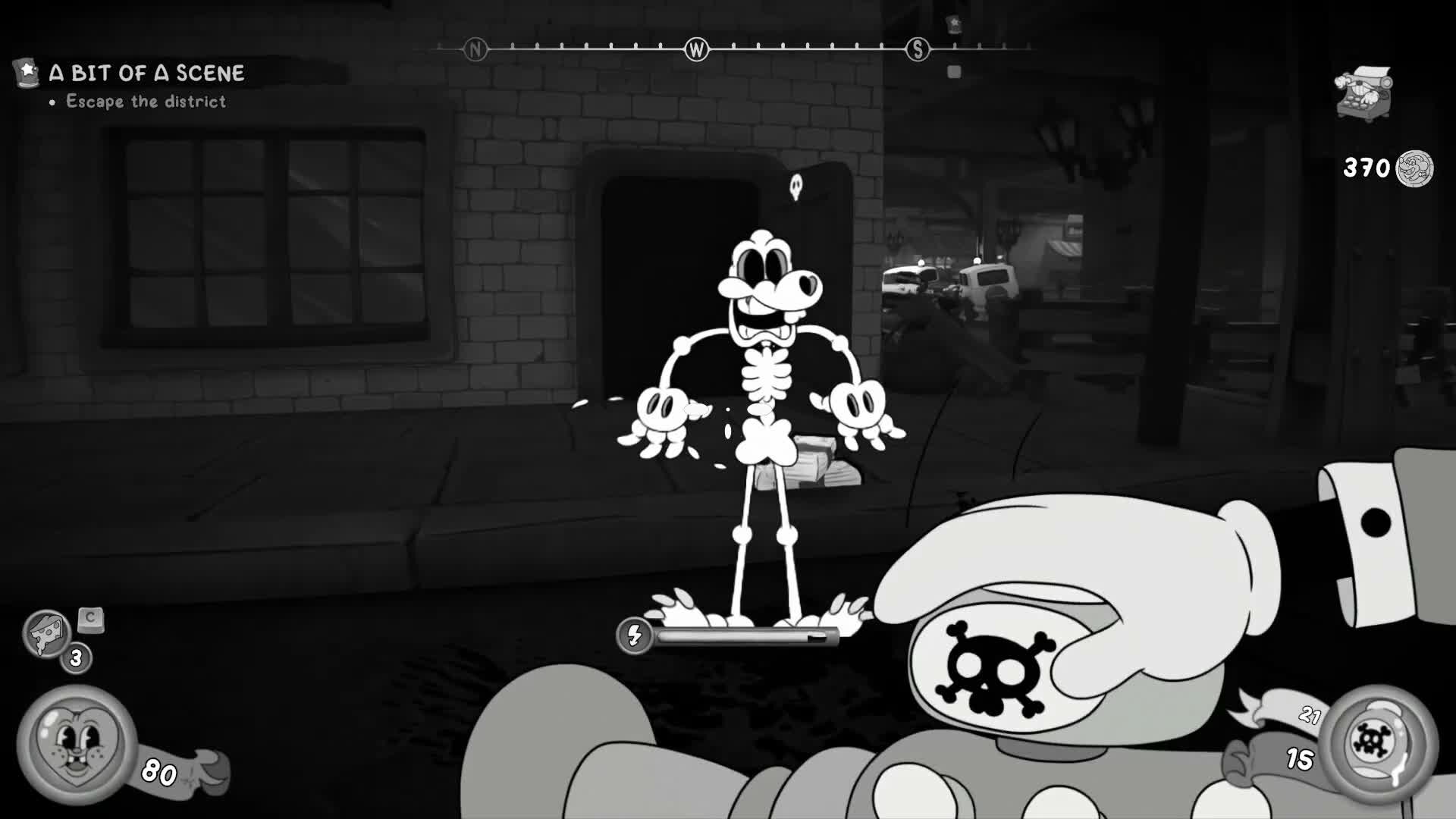 Mouse: P.I. For Hire gameplay screenshot of a mouse getting shot by the Devarnisher weapon, while the main character is reloading.