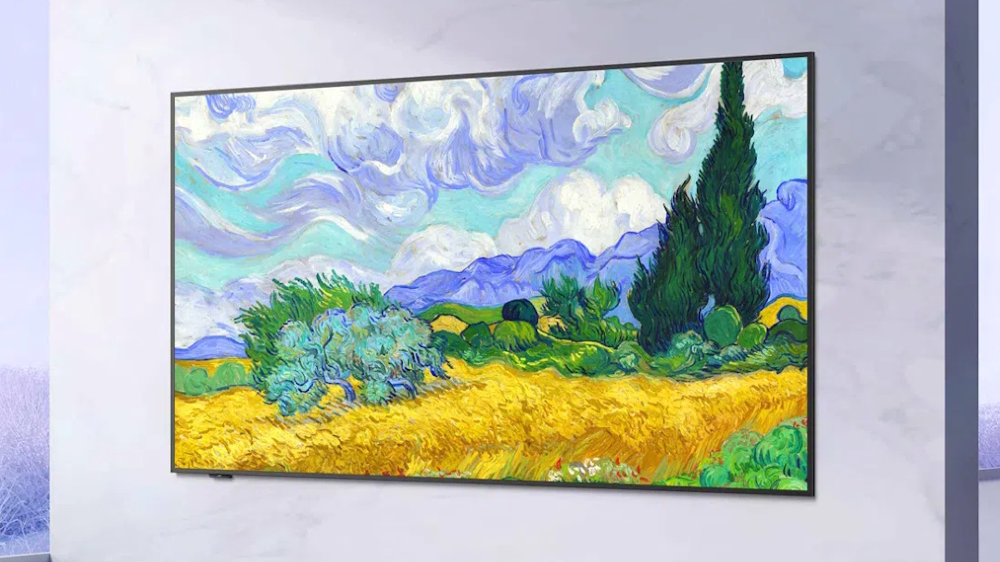 iFFALCON Mural TV on a lilac wall displaying a landscape painting