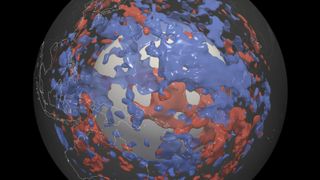 A computer model diagram showing blobs of material in Earth's mantle