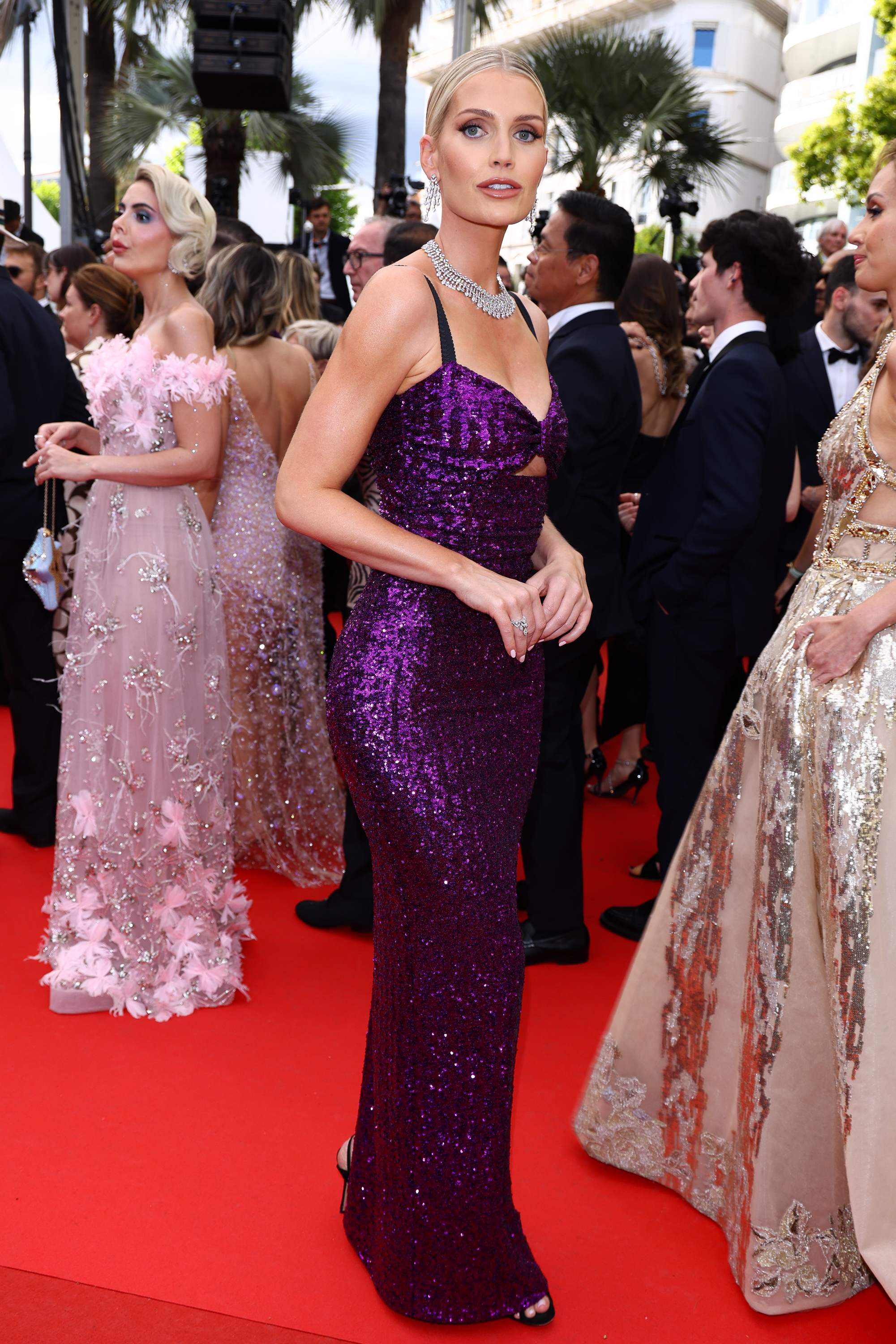 Kitty Spencer wearing a purple gown on the Cannes Film Festival red carpet