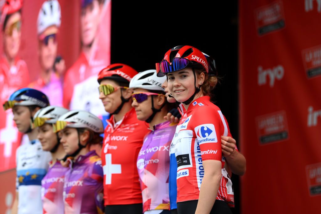 LUCENA DEL CID SPAIN APRIL 30 Blanka Vas of Hungary and Team SD Worx Protime Red Leader Jersey R with teammates prior to the 10th La Vuelta Femenina 2024 Stage 3 a 1303km stage from Lucena del Cid to Teruel UCIWWT on April 30 2024 in Lucena del Cid Spain Photo by Alex BroadwayGetty Images