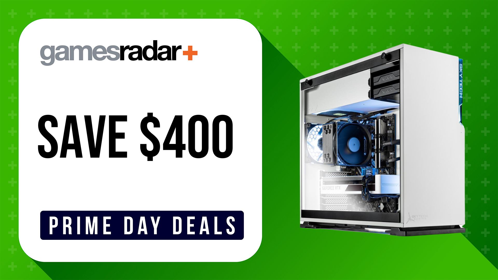 Skytech Shiva Prime Day Gaming PC deal with green background and $400 saving stamp
